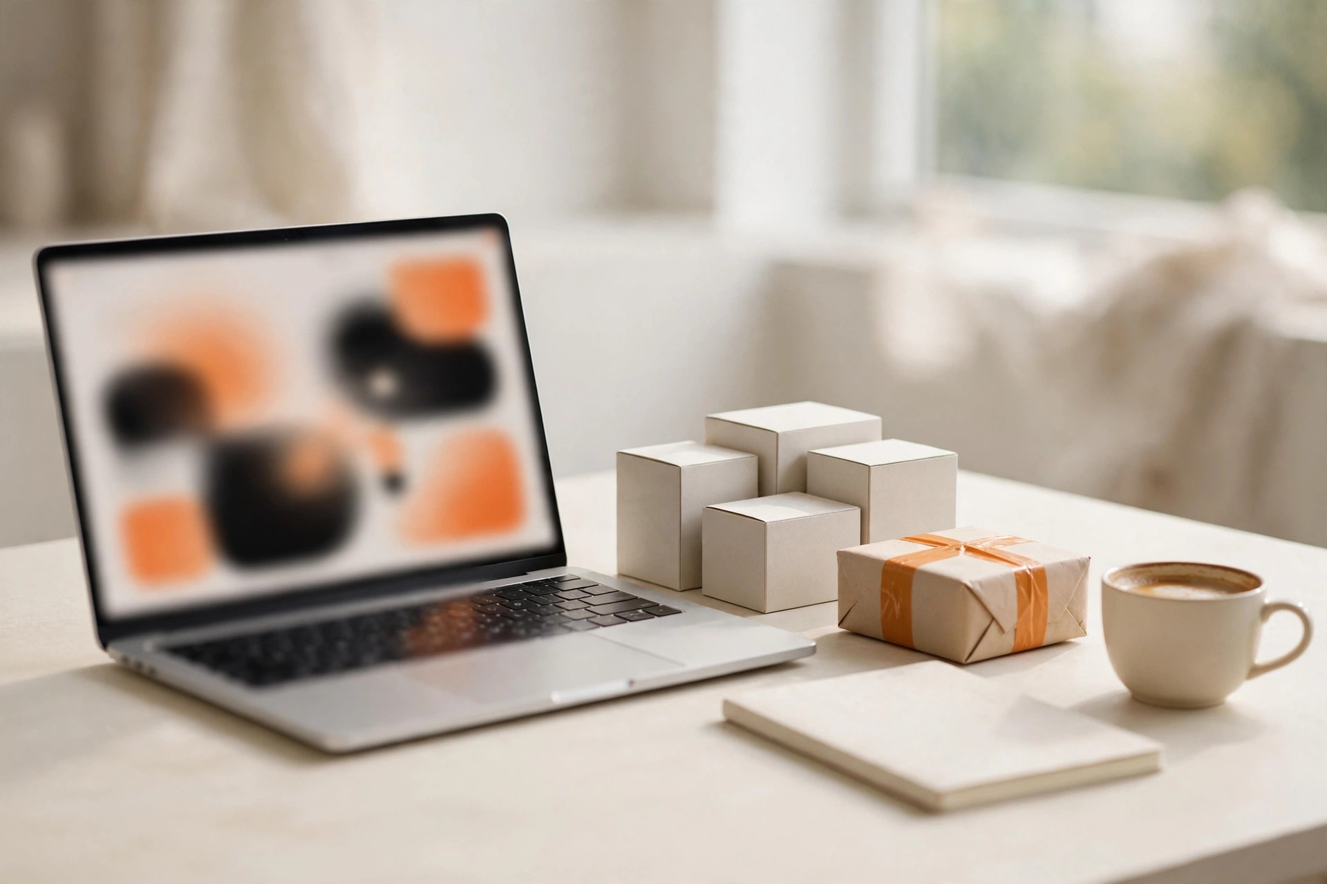 Bright e-commerce workspace with laptop, parcels and coffee