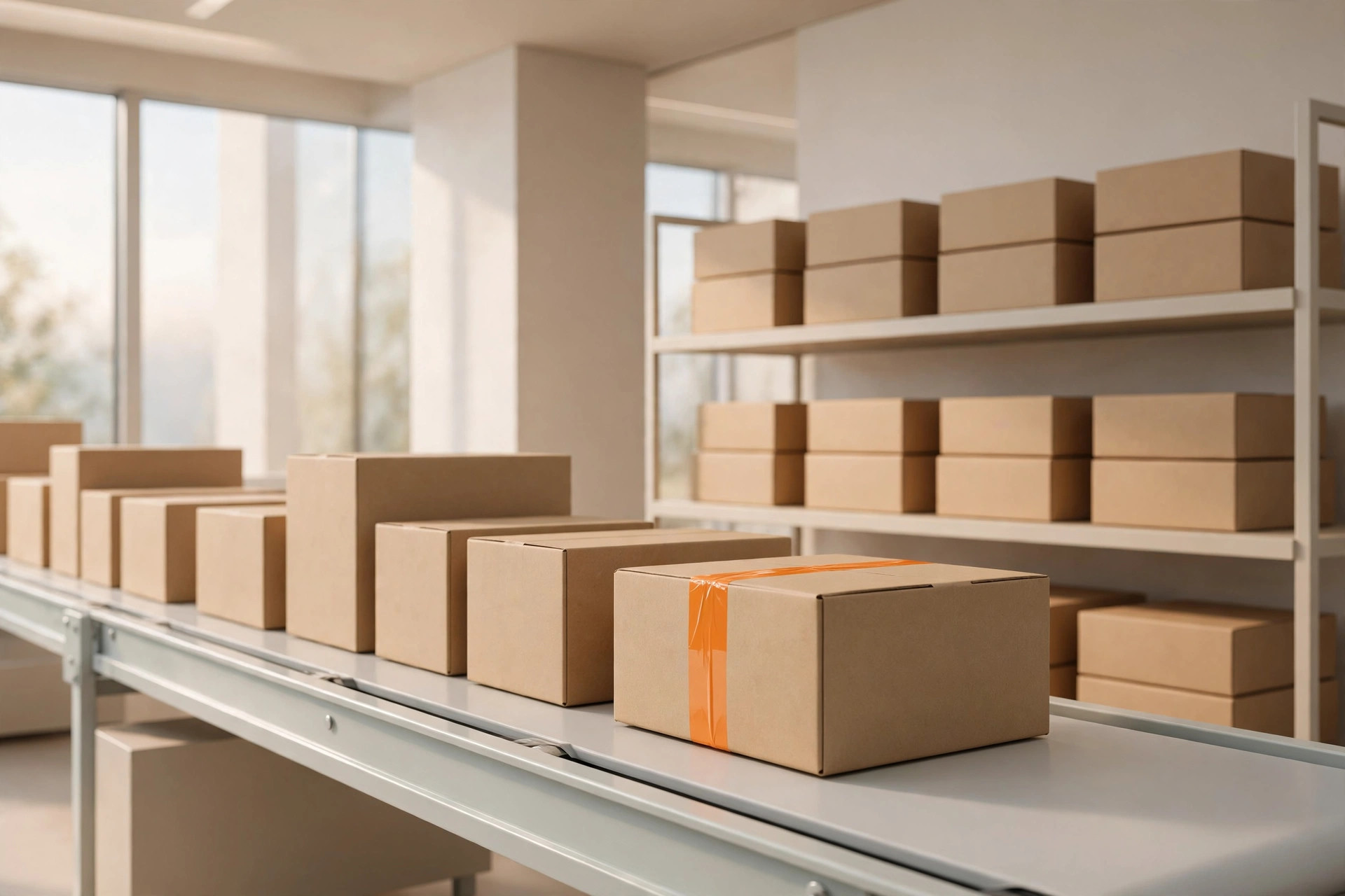 Parcels and packing materials on a bright workspace desk